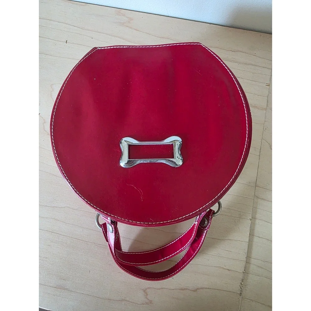 PortablePET Vintage Red Faux Leather Pet Bowl Luggage Set Dog Bone Paw Print